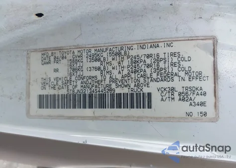 2004 Toyota Tundra z USA, uszkodzony, nr VIN 5TBJN32134S445289